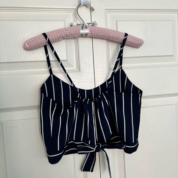 Nautical Navy/White Striped Spaghetti Strap Tie Back Crop Top - Picture 3 of 10
